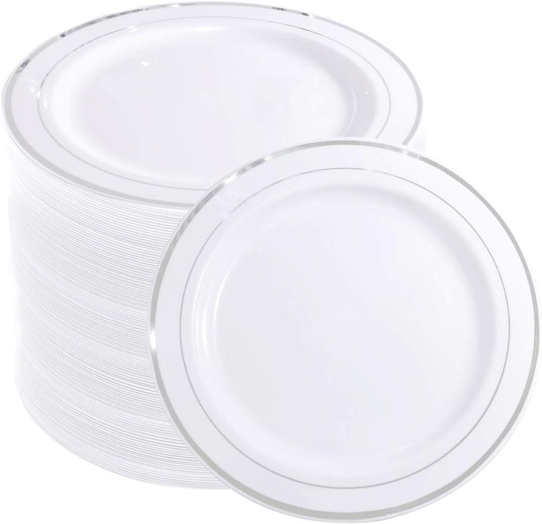 WELLIFE 144 Pieces Silver Plastic Dessert Plates, 7.5 inch Disposable Salad Plates, Premium White Appetizer Plates with Silver Rim, Ideal for Party, Wedding