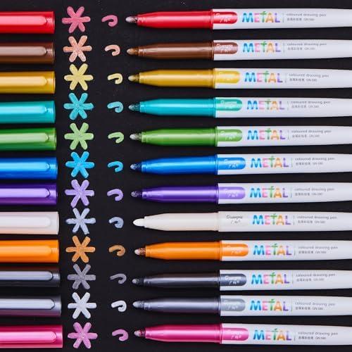 YUANCHENG Metallic Marker Pens, Set of 12 Medium Point Metallic Markers for Black Paper, Acid-Free, Smooth Writing, Ideal for Arts & Crafts, Scrapbooking, DIY Projects, Glass, Wood