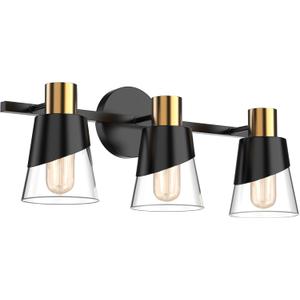URSOLA Bathroom Vanity Light, 3 Lights Bathroom Light Fixtures Over Mirror, 20.47 inch Bathroom Light Fixtures, Black and Gold Design with Bevelled Edge and Clear Glass Shade Wall Lamp