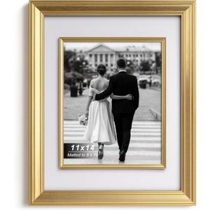 Yaetm 11x14 Gold Picture Frame with Decorative Inner Frame & Tempered Glass, Display 8x10 Photos with Mat on Wall - Portrait or Landscape - Ideal for Office & Home Dcor (Gold, Single)