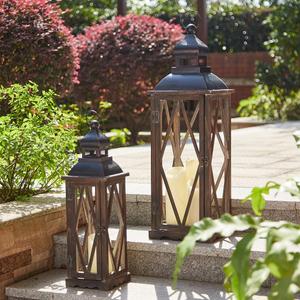 Glitzhome 2 Pack Farmhouse Wood/Metal Decorative Candle Lanterns Vintage Hanging Lantern for Patio - Tabletop, Black (No Glass) (Diamond Black)