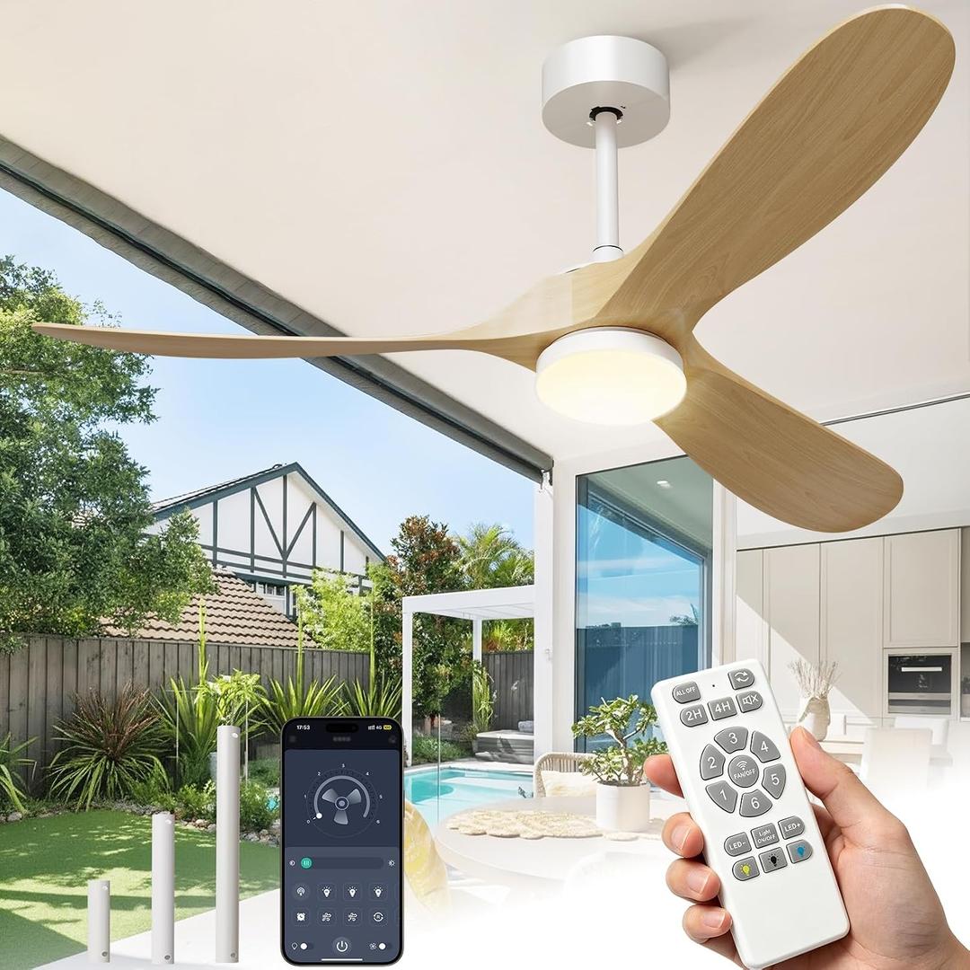 72 Inch Wooden Ceiling Fans with Lights and Smart Control, Natural