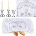 Reallnaive Modern Shabbat Havdalah Set White Satin Challah Cover Silver Candle Holders Silver Wine Cup White Taper Candles for Shabbat, Holiday and Havdalah Gifts