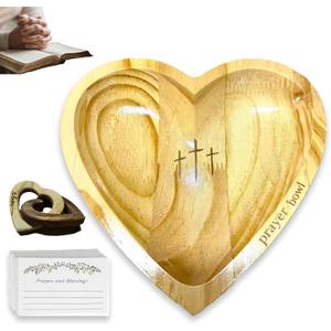 Prayer Bowl Wooden with 24 Prayer Cards&2 Wood Heart,Heart Shaped Decor Prayer Bowl,Religious Gift for Women,Mom, Dad, Daughter or Husband,Christian Easter Gifts for Mom,Men