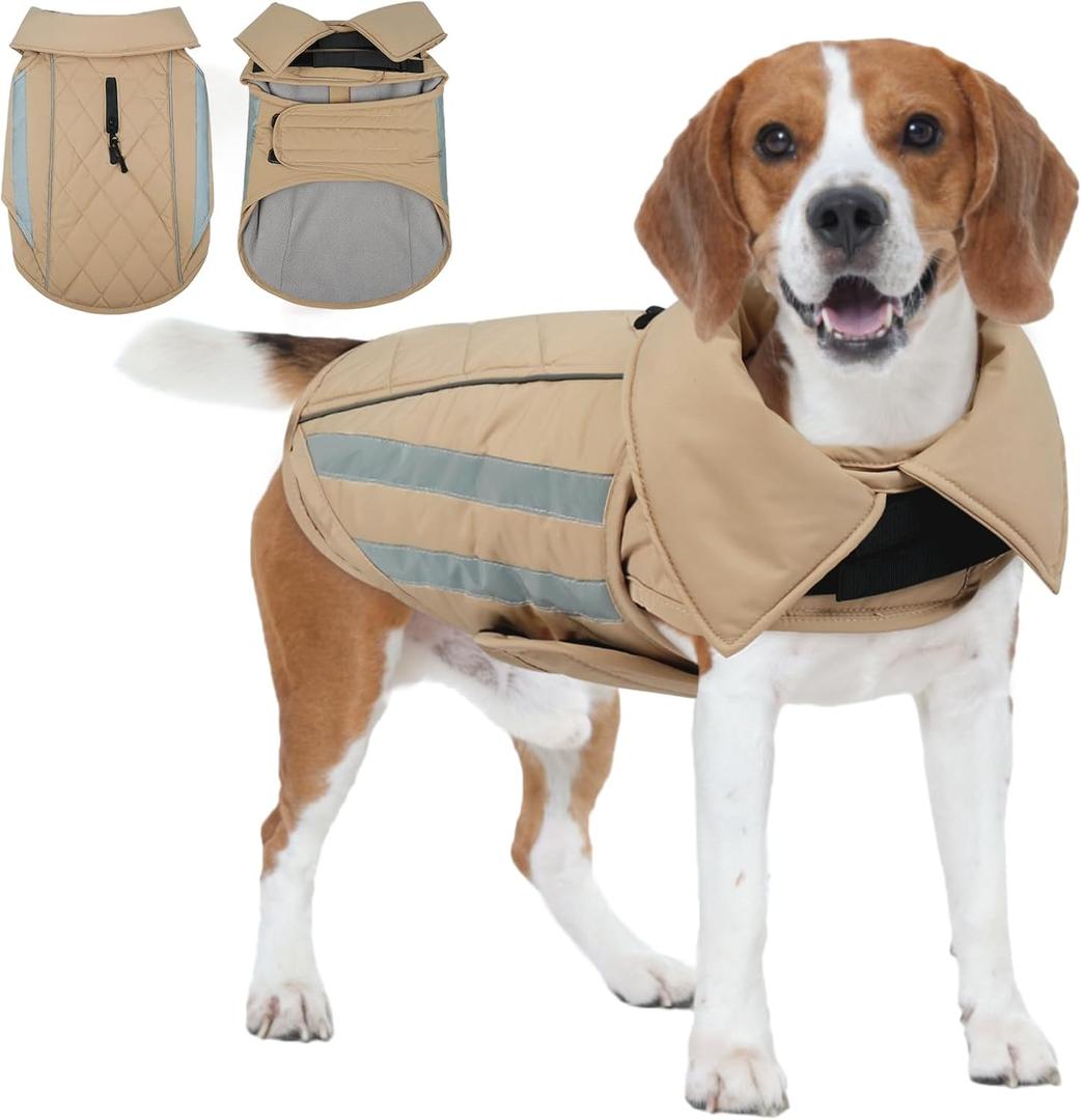 IECOii Dog Coat for Winter - Warm Cold Weather Vests for Broad Chest Dogs, Reflective & Adjustable Vest Jacket for Outdoor, Waterproof Winter Jackets Mashine Washable, Khaki (Large (Chest:20.5-24.4 in))
