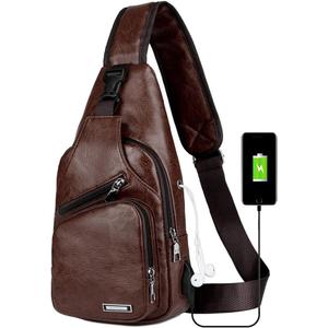 Peicees Leather Sling Bag Mens Crossbody Bag Chest Bag Sling Backpack for Men with USB Charge Port (Large, Dark Brown)