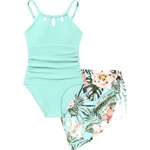 KANGKANG Girls Swimsuit Quick Dry Cut Out One Piece Swimsuits with Tropical Print Cover Up Skirt Bathing Suit Swimwear 7-18Y (11-12 Years, Light Cyan)