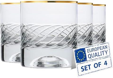 Biandeco Gold Rimed Whiskey Glasses | Set of 3| Handmade Etched Design, Heavy Base Old Fashioned Rocks Tumblers, Unique Lowball Bar Glassware for Drinking, 7 oz