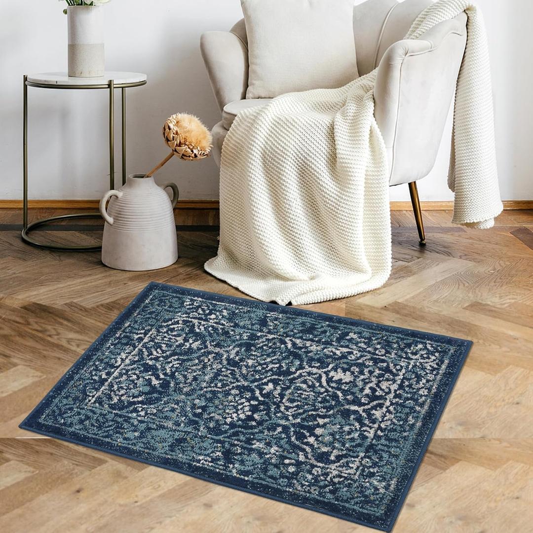 COZYLOOM Area Rug 2x3 Moroccan Trellis Area Rug Indoor Entryway Small Rug Vintage Boho Doormat Front Door Mat Oriental Floral Accent Kitchen Mat Low Pile Floor Mat Non-Shedding Throw Carpet Navy (2' x 3' (Rectangular))
