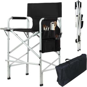Makeup Chair for Makeup Artist 45.6'', Tall Directors Chairs Foldable for Clients with Side Table Cup Holder Storage Bag and Footrest, Folding Chair 400lbs Capacity Black