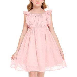 Girls Ruffle Sleeve Swiss Dot Dress Stretchy A-Line Flutter Sleeve Casual Dress for 5-12 Years Kids (10-11 Years, Light Pink)