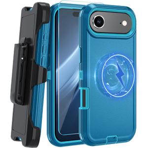 Magnetic for iPhone Air Case, with Belt Clip,[Compatible with Magsafe] W/Tempered Glass Screen Protector,Anti-Drop,Shockproof,Heavy Duty Protection (Lake Blue)