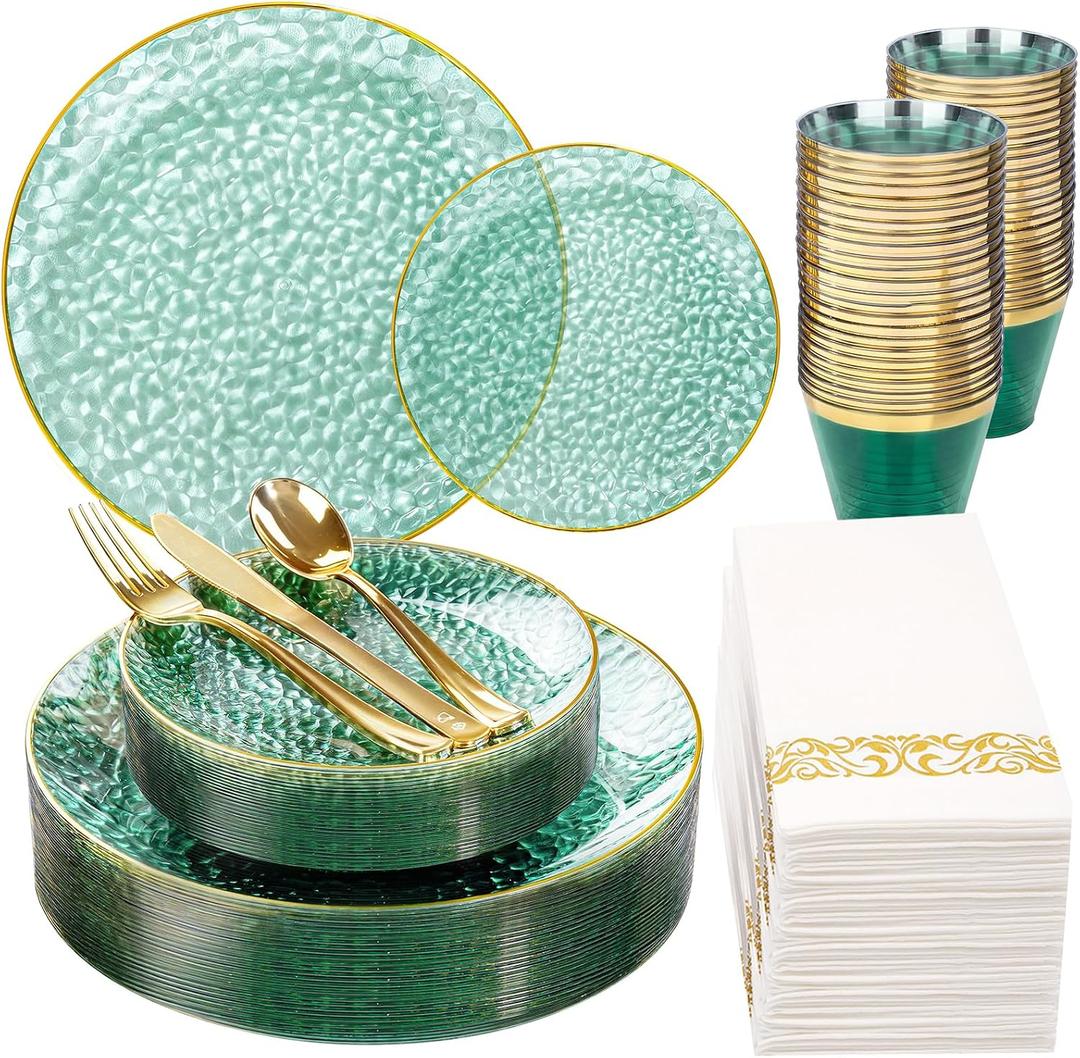 DaYammi 175 Pcs Green Plastic Plates Dinnerware Set (25 Guests), Hammered Plates Sets, Green Party Platos Set include 50 Disposable Platos, 75 Gold Plastic Silverware, 25 Cups 25 Napkins