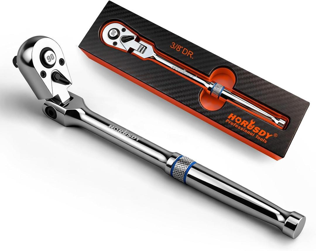 HORUSDY 3/8" Drive 90-Tooth Flex Head Ratchet Handle, 180 Adjustable CR-V Ratchet with Quick Release & Reversible Switch, 4 Swing Arc Socket Wrench for Automotive, Bike & DIY Repair