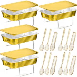 Maxcheck 4 Sets Disposable Chafing Dishes Buffet Set Chafer Wire Racks Buffet Stand Kit Dish Serving Trays Food Warmer Catering Supplies Included Serving Utensils and Stand (Large)