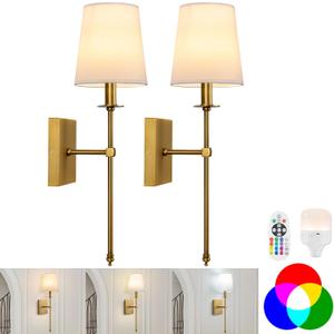 TERLEENART Rechargeable Battery Operated Wall Sconces Set of 2 with Remote Control,No Wiring 15 Colors Dimmable Wall Light with White Fabric Shade,Wireless Wall Lamps for Bedroom Living Room Hallway