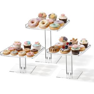 3 Tiered Serving Tray Set for Entertaining, 9" Square Acrylic Cupcake Buffet Dessert Risers Stands, Clear Cupcake Stand, Dessert Table Display Set for Wedding Birthday Party