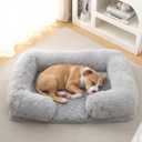 Orthopedic Dog Bed for Large Dogs - Washable Memory Foam Pet Sofa, Fluffy Plush Rectangular Bed, Waterproof Anti-Anxiety Couch, Light Gray, L