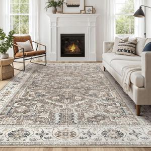 Area Rugs 9x12 for Living Room - Washable Soft Large Vintage Rug Non-Slip Stain Resistant Traditional Stain Resistant Indoor Floor Low Pile Carpet for Bedroom Dining Room or Home Office - Dark Brown