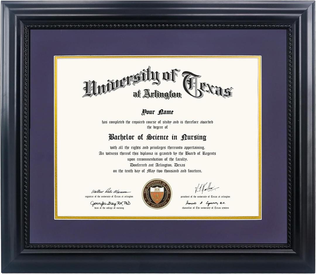 11x14 Diploma Degree Frame with Purple Mat or Display 15x18 Certificates without Mat,Solid Wood,Black Finish with Intricate Black Rope Detail,UV Protection Acrylic