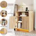 Nightstand with Charging Station and LED Lights, Night Stands with Adjustable Storage Cabinet, Modern Side Table with Fluted Doors and Open Storage, Bedside Table for Bedroom, Natural