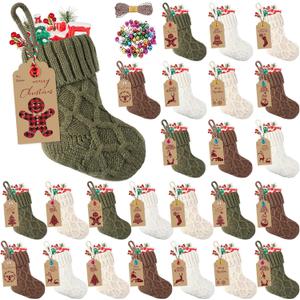 12 Set Mini Christmas Stockings Set 6 Inch Diamond Knitted Xmas Hanging Stockings with Kraft Paper Gift Tags Bells Christmas Tree Ornaments for Family Holiday Xmas Party Decorations