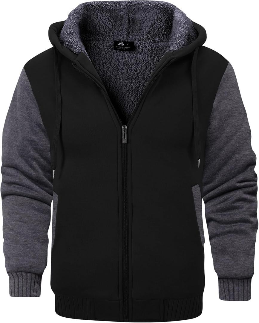 GEEK LIGHTING Mens Fleece-Lined Zip Up Hoodie, Thick Hooded Jacket Winter Warm Athletic Sweatshirt (X-Large, Black/Gray)