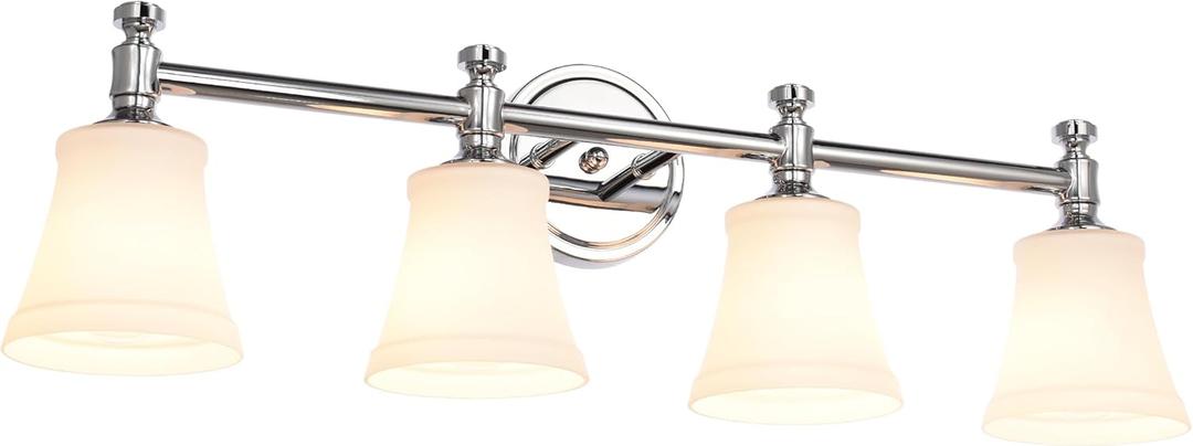 Bathroom Vanity Light Fixtures, Traditional Chrome 4 Lights Wall Sconce Lighting with Opal Glass Shade, Porch Wall Mount Light Fixture for Bathroom, Mirror Cabinets Hallway Stairs