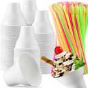 FoldTier 200 Set Snow Cone Cups and Straws Set 12 oz Colorful Shaved Ice Snow Straws Ice Cream Bowls Thicken Paper Cups for Wedding Birthday Party Food Holiday Summer Cookout
