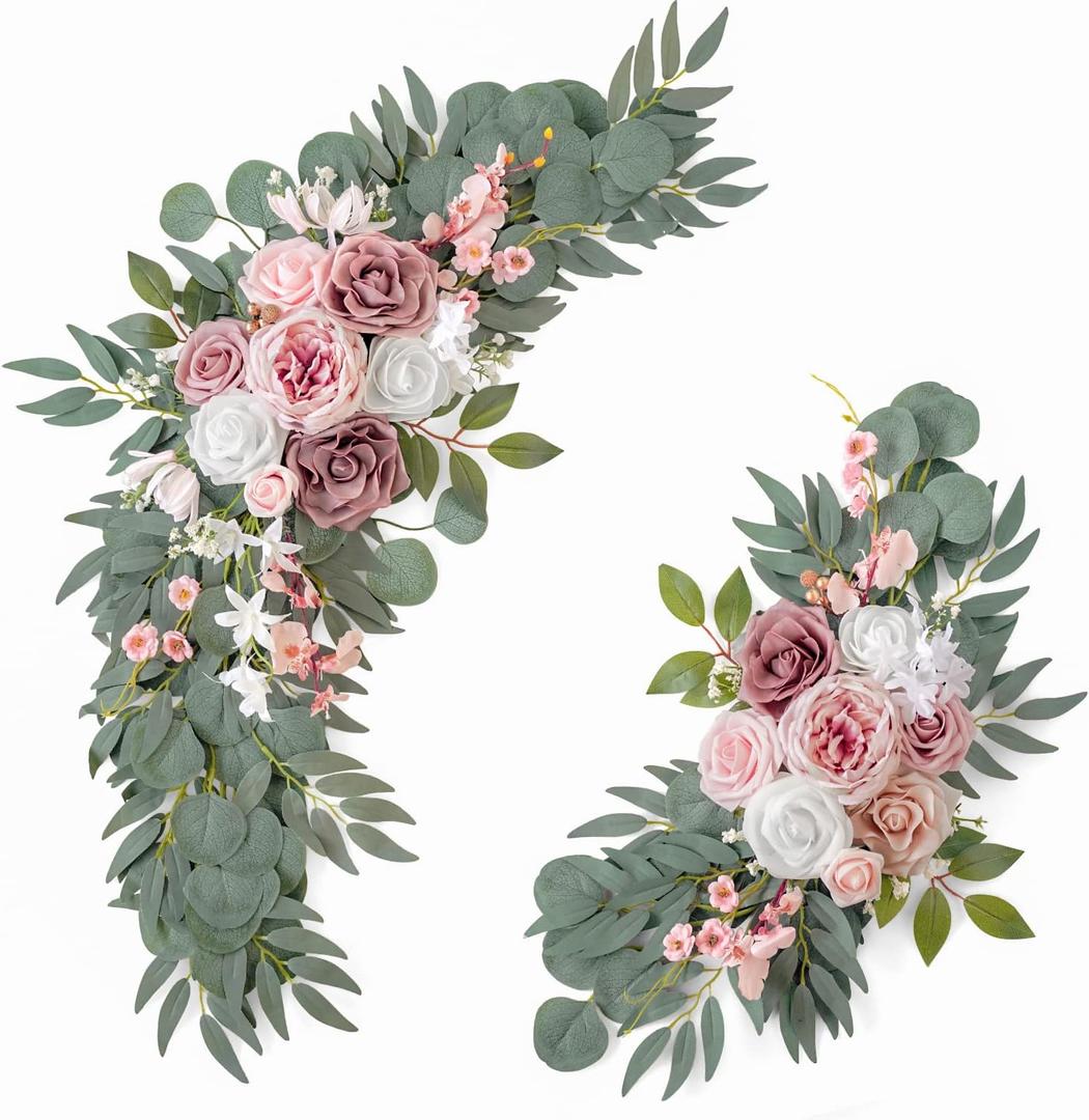 Wedding Arch Flowers (Pack of 2), Artificial Dusty Rose Flowers for Wedding Welcome Signs Decorations and Arch Flower for Wedding Ceremony Reception (Dusty Rose & Blush)