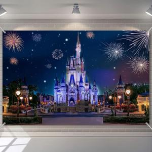 6x4ft Castle Backdrop Blue Castle Back Garden Fireworks Night Scene Background Girls Birthday Party Photobooth Backdrop Supplies Cake Table Decorations KUHB022