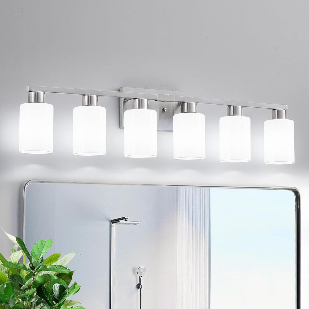 6-Light Bathroom Vanity Light Brushed Nickel Bathroom Light Fixture Vanity Lights with Milky White Frosted Glass Shades Wall Sconces Over Mirror E26 Socket Bulbs Not Included
