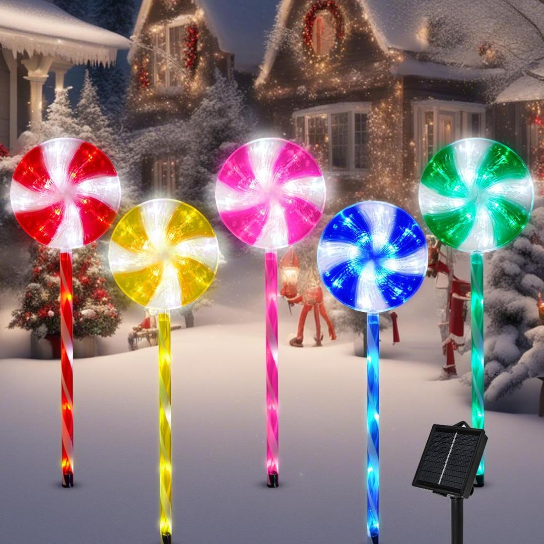 Outdoor Christmas Decorations Solar Pathway Lights, Set of 5 Lollipops Peppermint Stake Lights, 8 Modes Candy Cane Walkside Lights, Outdoor Xmas Decoration for Walkway, Yard