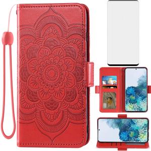 Asuwish Compatible with Samsung Galaxy S20 Plus Glaxay S20+ 5G Wallet Case and Tempered Glass Screen Protector Flip Card Holder Cell Phone Cover for Gaxaly S20+5G S20plus 20S + S 20 20+ G5 Women Red