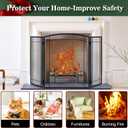3 Panel Fireplace Screen 48" W x 29" H Modern Foldable with Wrought Metal Decorative Mesh,Arch Heavy Duty Fire Spark Guard Cover for Home Decor Indoor, Black