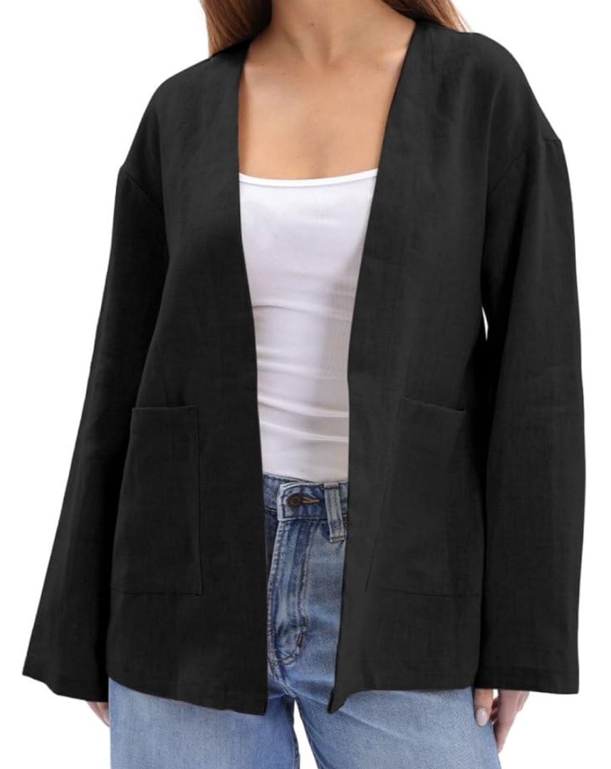 Amazhiyu Women's 100% Linen Lightweight Long Sleeve Open-Front Cardigan Pockets L