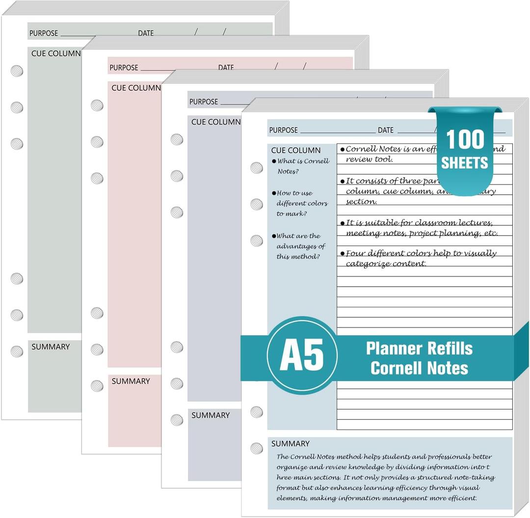 100 Sheet Cornell Notes Refill Paper A5 Planner Inserts for 6 Ring Binder 0.2" Spacing A5 Loose Leaf Paper Cornell Notebook Refills Taking System Filler Paper Bulk for School Office Business 80gsm