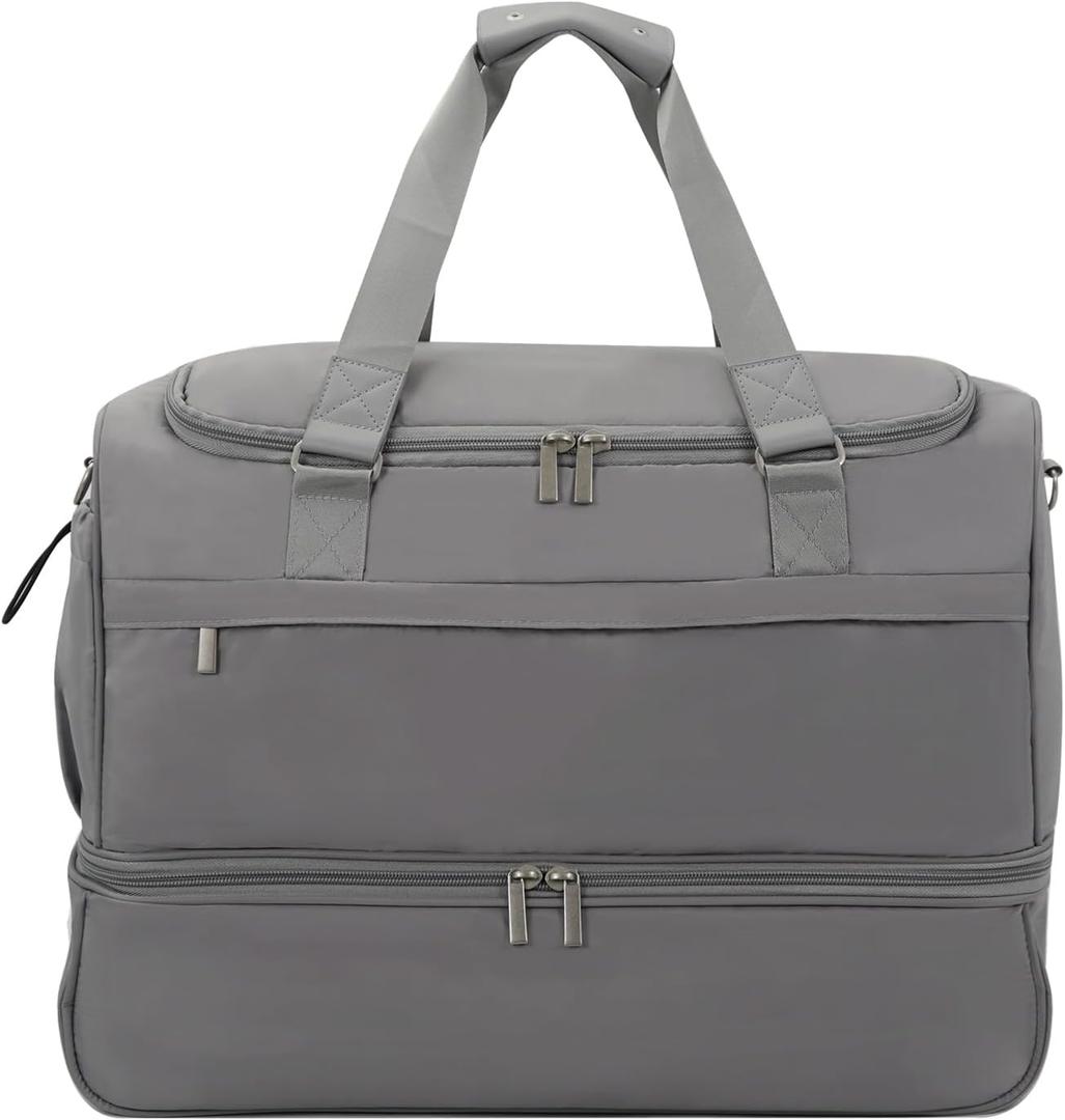 Carry On Travel Duffel Bag for Women & Men,Overnight Weekender Bag with Shoe Compartment,Trolley Sleeve and Adjustable Shoulder Strap,Business & Weekend Travel,Gym,Sports,Yoga & Dance(Medium Gray)