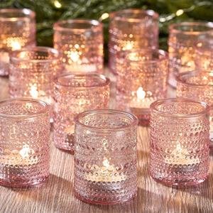 24 Pack Clear Glass Votive Candle Holders, Vintage Candle Holder for Floating Candle, Tealight Candle Holder for Table Centerpieces Home Bridal Shower Birthday Christmas Table Decoration (Pink)