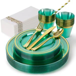 200PCS Green Plastic Plates for 25 Guests, Disposable Plates with Gold Rim, Includes 50 Dinner Plates, 75 Gold Silverware, 25 Cups, 25 Napkins, 25 Straws Wedding, St. Patrick's Day, Easter