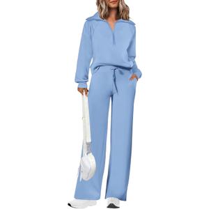 PRETTYGARDEN Women's 2 Piece Outfits Casual Lapel Half Zip Sweatshirts and Wide Leg Pants Tracksuit Sets (Large, Blue)