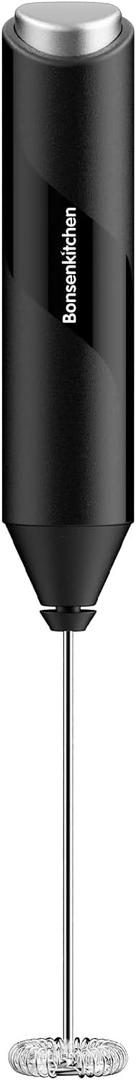Bonsenkitchen Powerful Milk Frother for Coffee, Fast Handheld Drink Mixer with Stainless Steel Whisk, Battery Operated Hand Frother Stirrer Wand-Black (Normal)