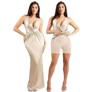 Popilush Shapewear Dress Ruched Bodycon - Deep V Neck Maxi Formal Dresses Built in Shapewear Sleeveless Long Dress Champagne XL