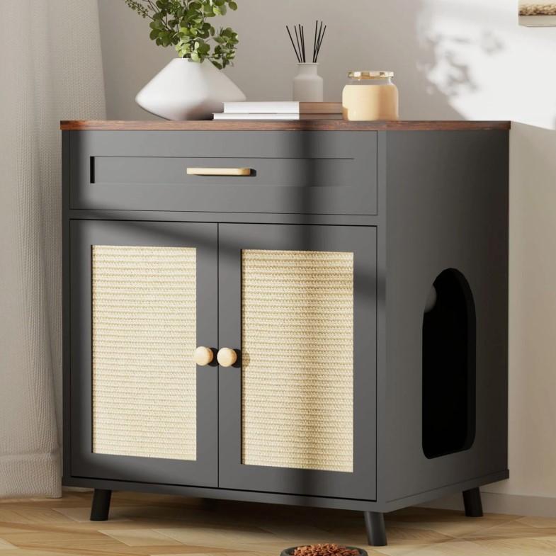 Stylish Cat Litter Box Enclosure with Scratching Board and Storage Drawer, Black, 23.6"L x 17.7"W x 25.9"H