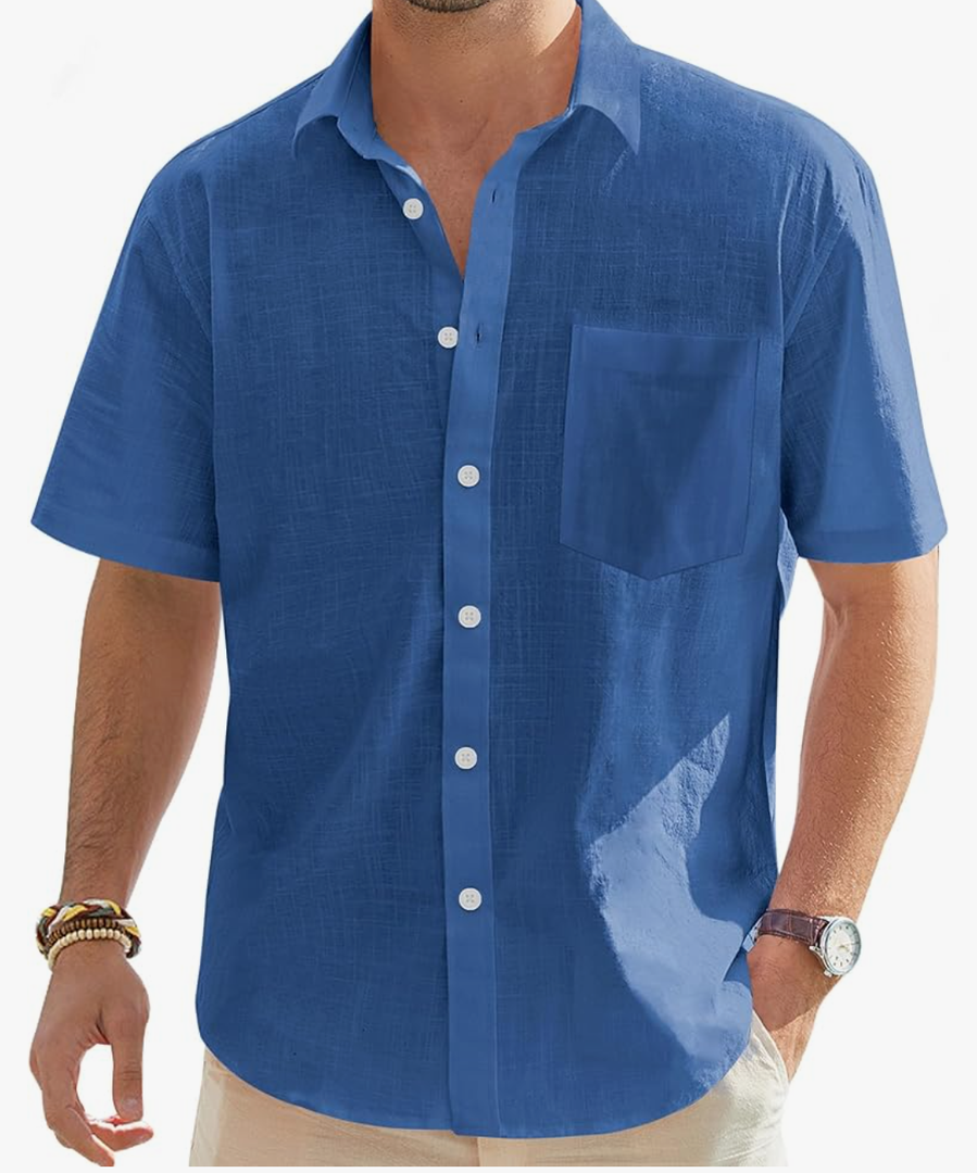 J.VER Men's Cotton Linen Short Sleeve Shirts Casual Lightweight Button Down Shirts Vacation Beach Summer Tops with Pocket Size L