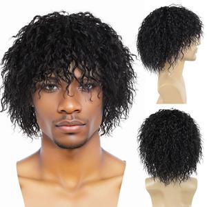 GNIMEGIL Black Curly Wigs for Men 12 inch Short Wig with Bangs Fluffy Wave Big Volume Male Wigs Cosplay 70s 80s Punk Costume Party Synthetic Hair