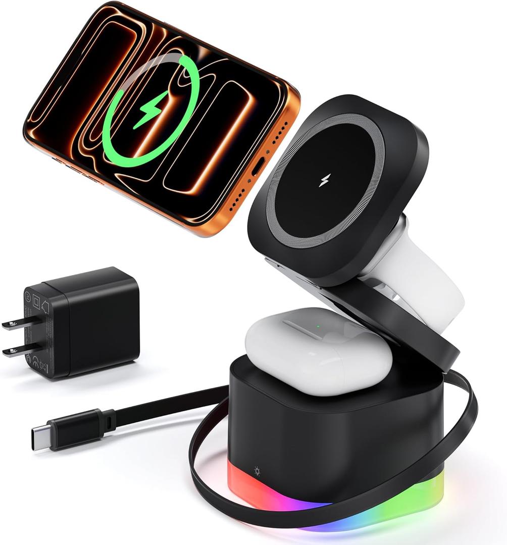 5 in 1 Magnetic Wireless Charger Stand with Night Light, Foldable Wireless Charging Station Built-in Retractable Cable, Travel Wireless Charger for iPhone16/ 15/ 14/ 13/ 12, Apple Watch, AirPods