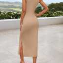 ZESICA Women's Summer Knit Bodycon Midi Dress 2026 Sleeveless Floral Crewneck Color Block Long Beach Party Dresses (Khaki)