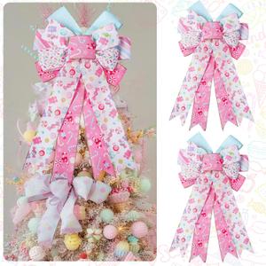 2 Pack Pink Christmas Tree Topper Bows, 12 x 20 Pastel Christmas Tree Decor Large Candy Craft Bows Ornaments with Pastel Wired Edge Xmas for Home Front Door Decor