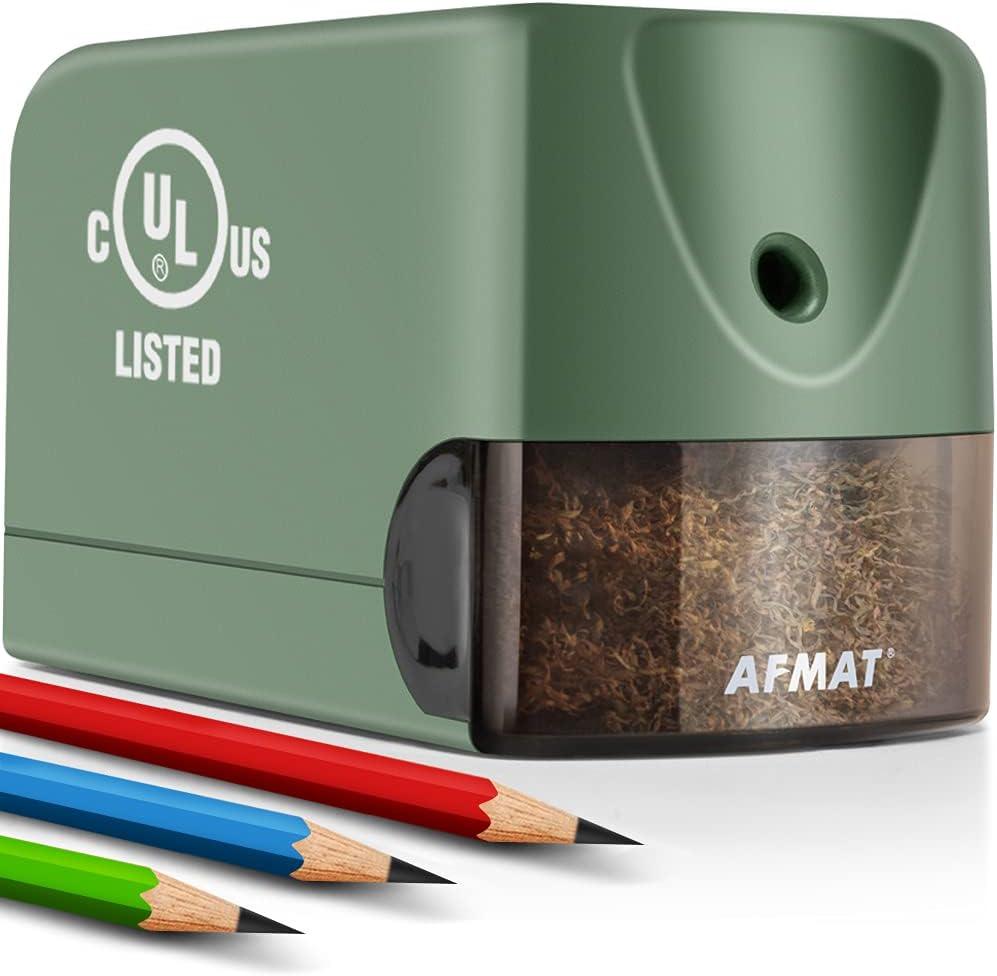 AFMAT Electric Pencil Sharpener Heavy Duty for Classroom, UL Listed Plug in Pencil Sharpener for 6.5-8mm No.2/Colored Pencils, w/Upgraded Helical Blade (10000 Sharpenings), Model: PS105, Green